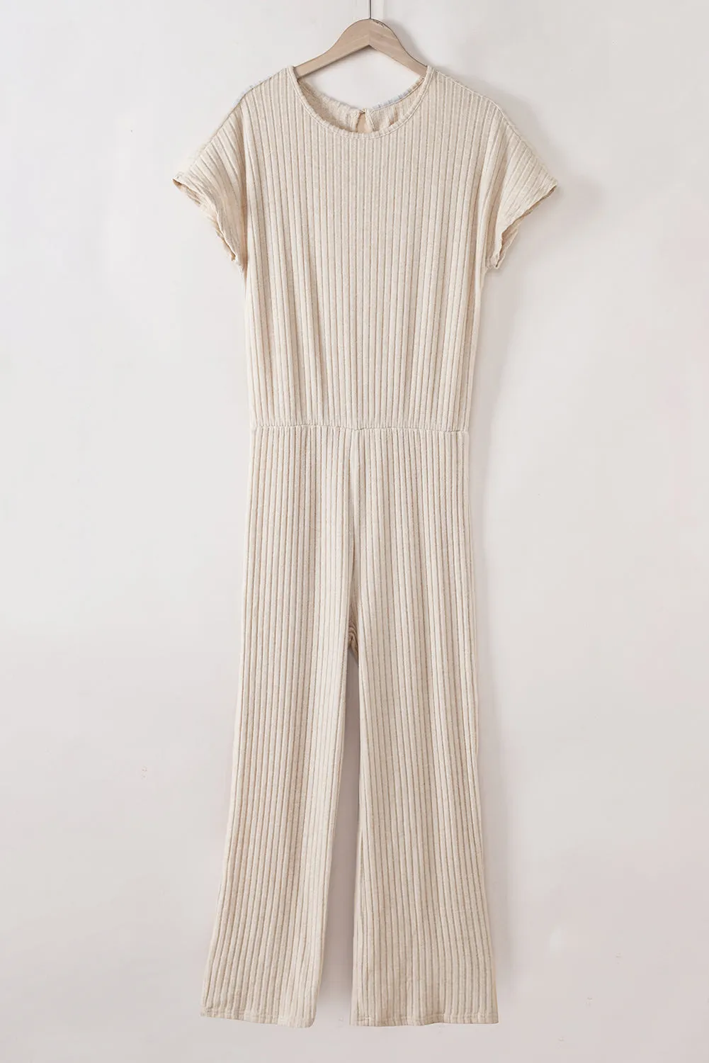 Parchment Solid Color Ribbed Short Sleeve Wide Leg Jumpsuit