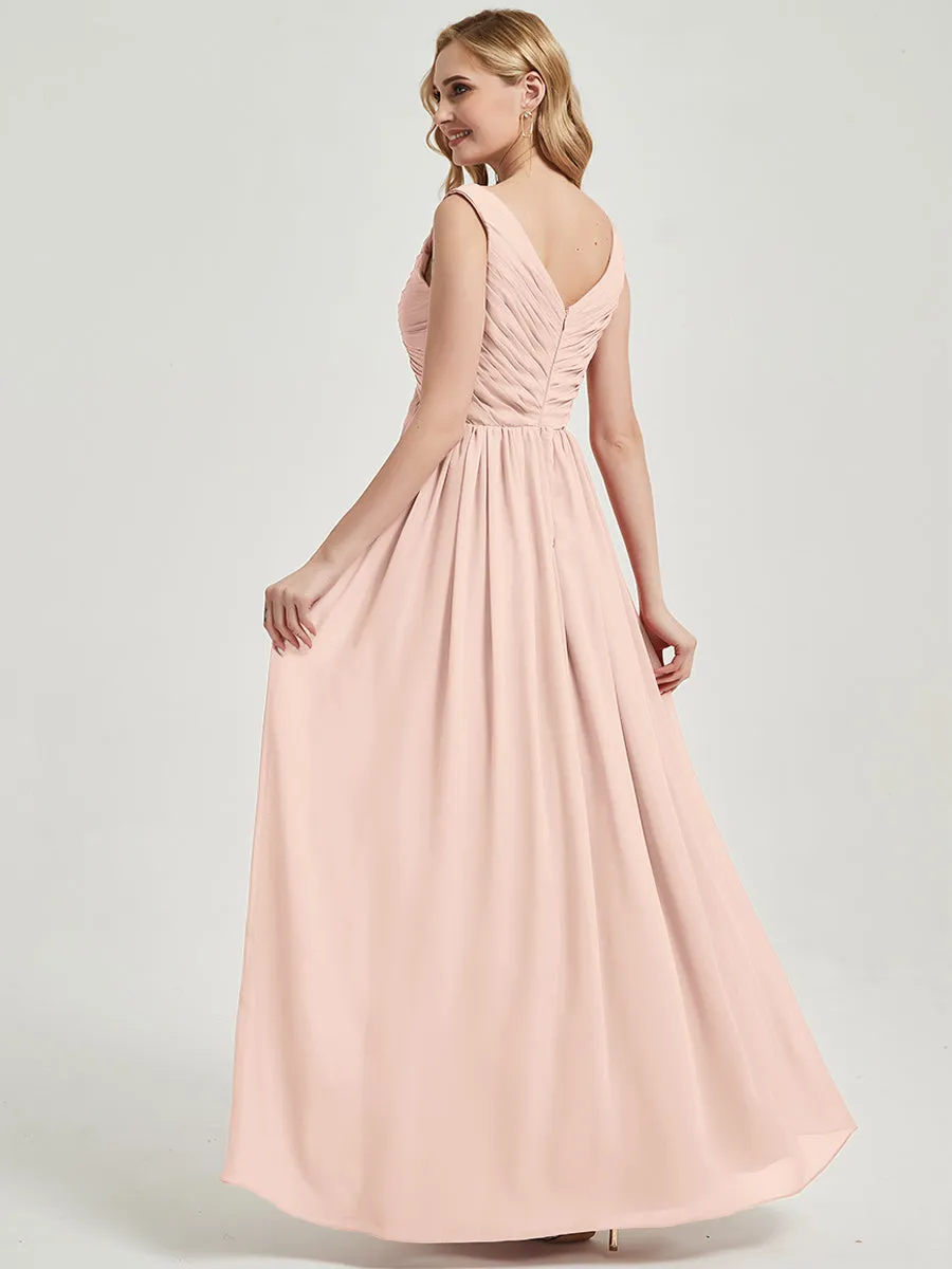 Pearl Pink Empire Sleeveless Pleated Chiffon Maxi Bridesmaid Dress