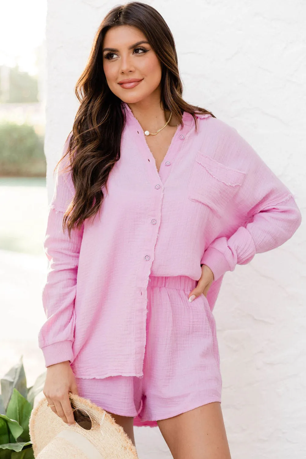 Pink Crinkle Frayed Long Sleeve Shirt and Casual Shorts Set