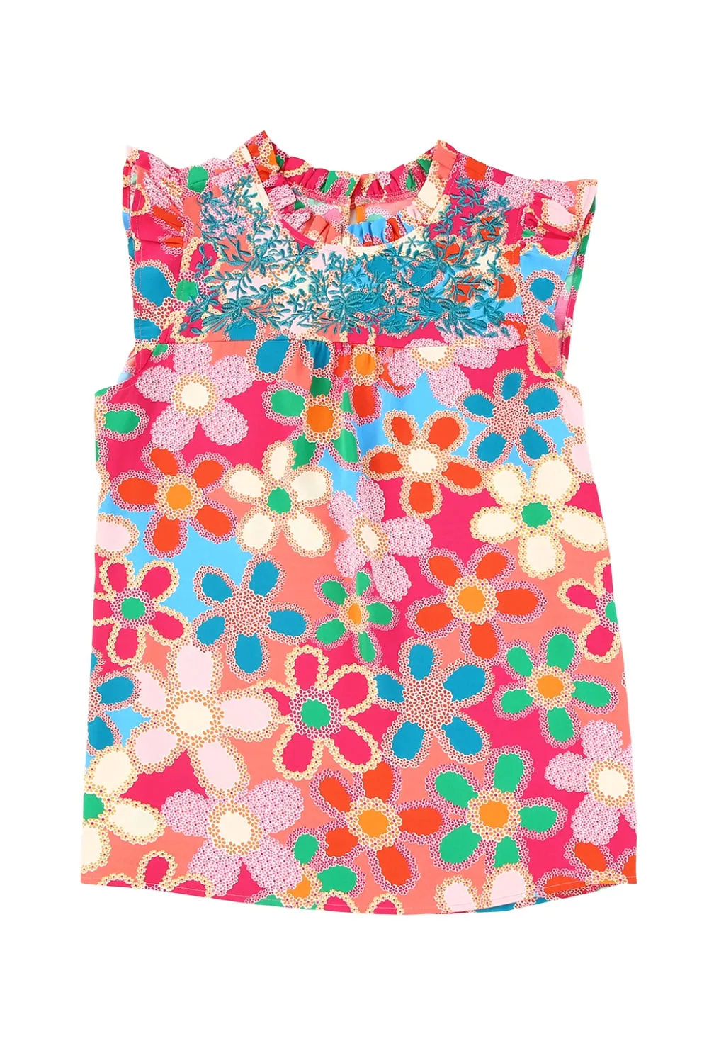 Pink Embroidered Detail Floral Print Ruffle Trim Tank Top