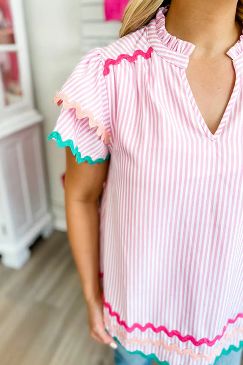 Pink Stripe Ricrac Trim Split Neck Ruffled Sleeve Top