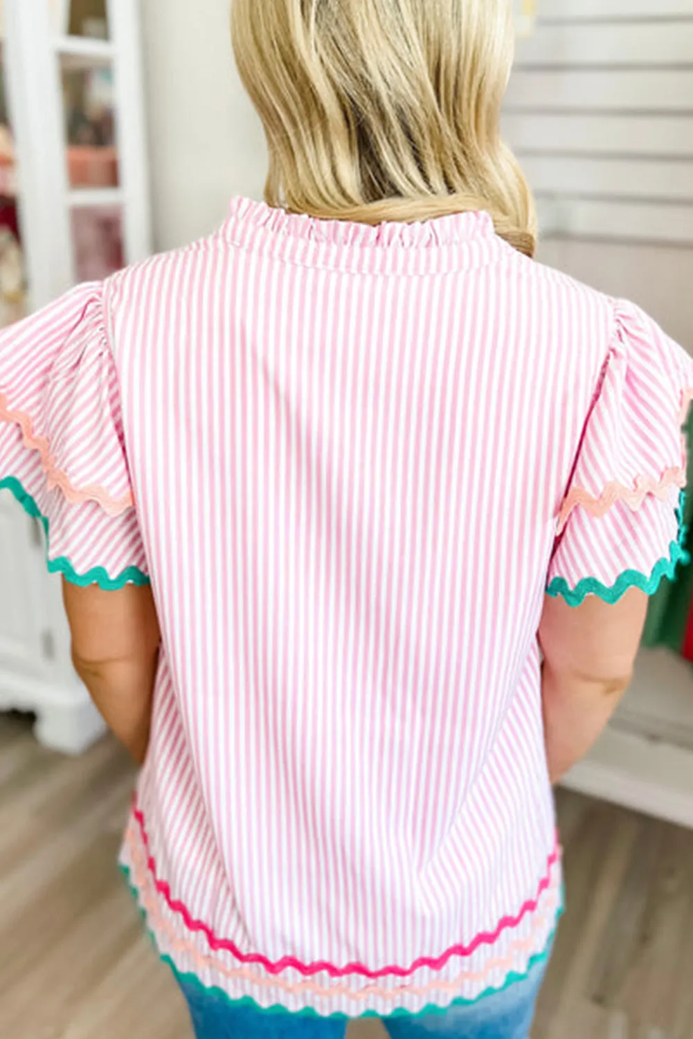 Pink Stripe Ricrac Trim Split Neck Ruffled Sleeve Top