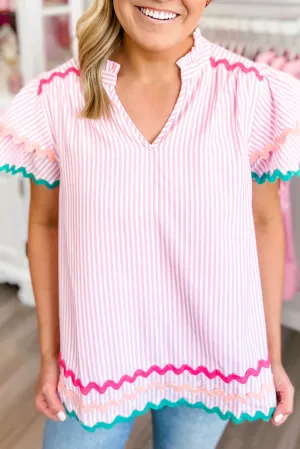 Pink Stripe Ricrac Trim Split Neck Ruffled Sleeve Top