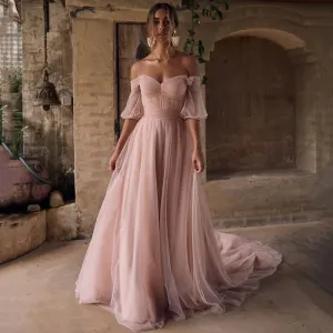 Pink Wedding Dresses Boho Beach Bride Dress 2021 Off Shoulder Vintage Cheap Wedding Gowns with Short Sleeve Plus Size Vestidos