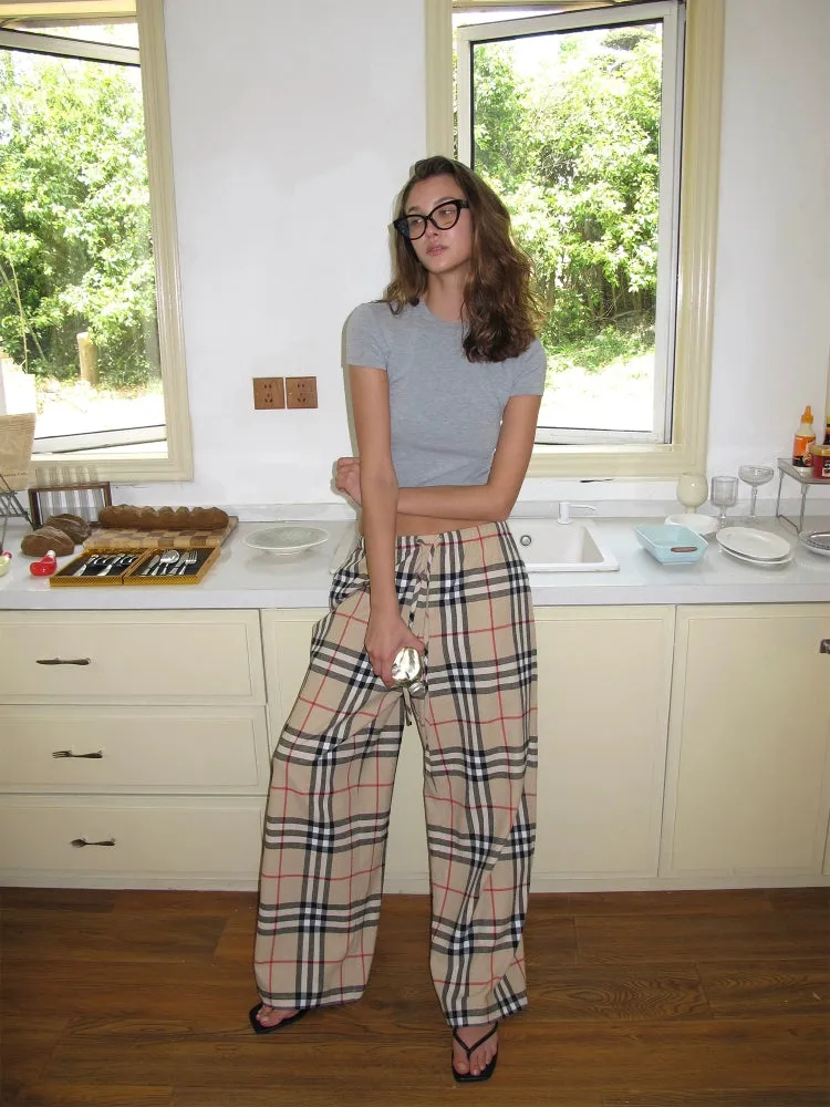 Plaid Drawstring Wide-Leg Pants