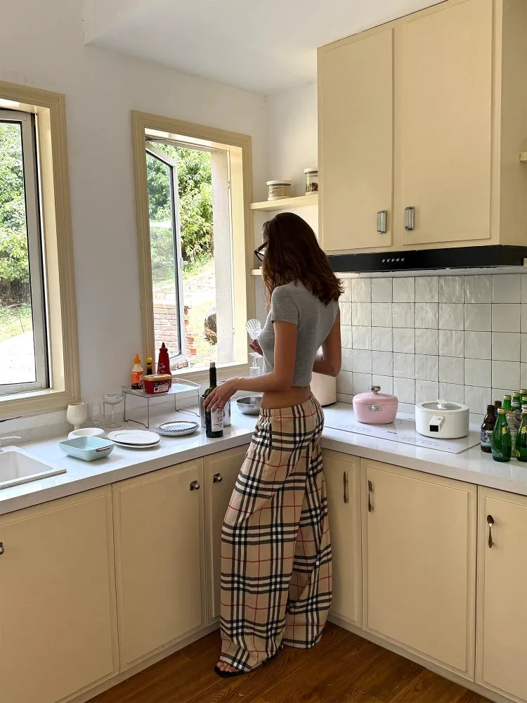 Plaid Drawstring Wide-Leg Pants