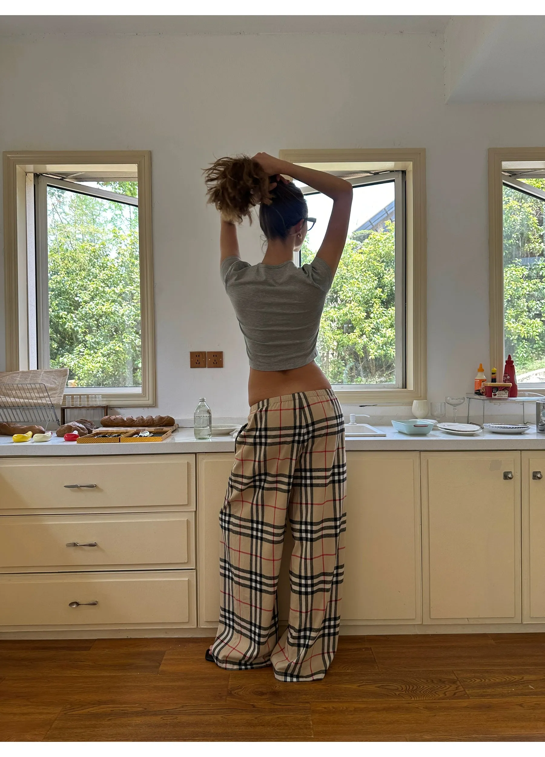Plaid Drawstring Wide-Leg Pants