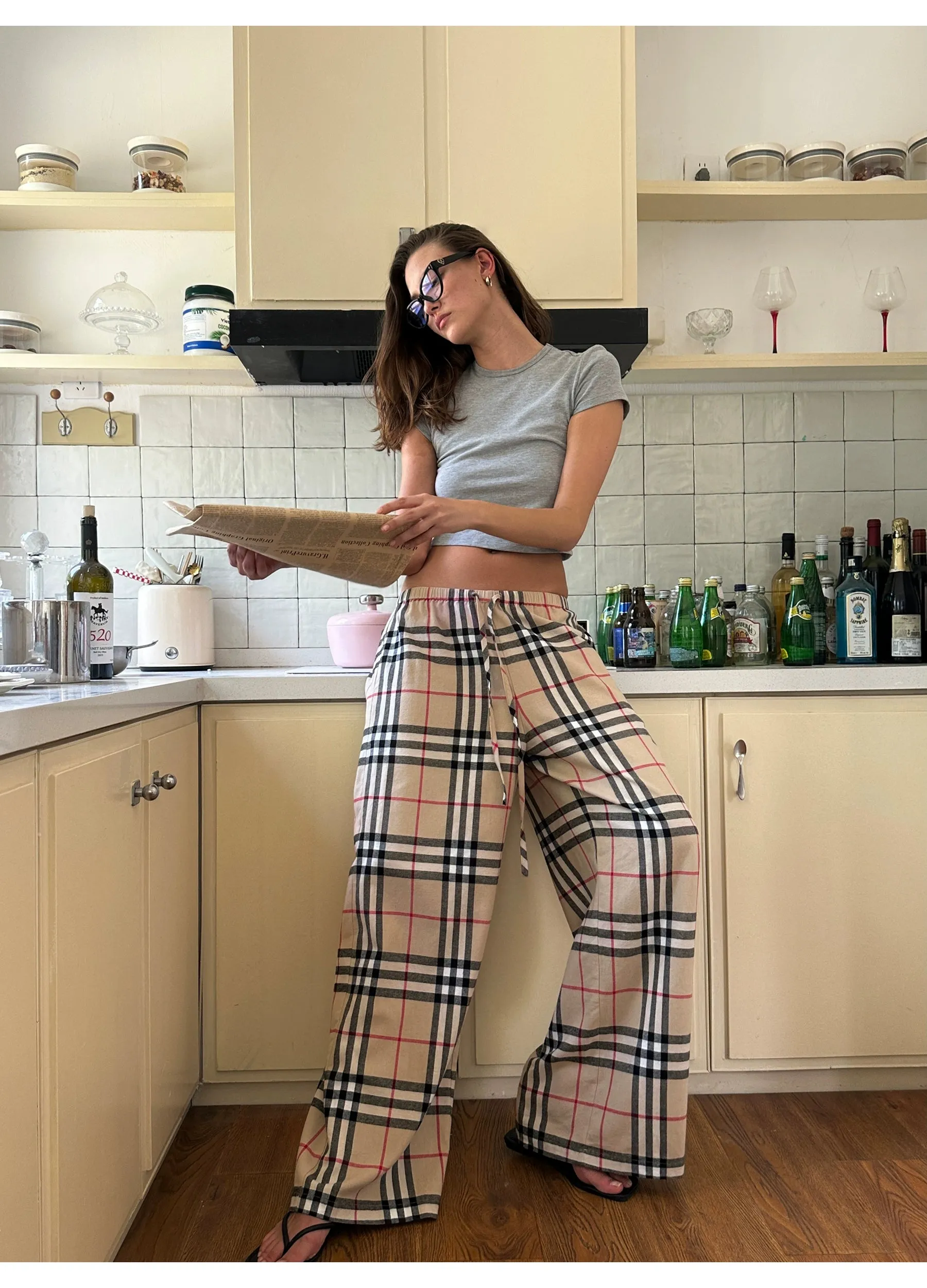 Plaid Drawstring Wide-Leg Pants