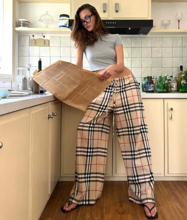 Plaid Drawstring Wide-Leg Pants