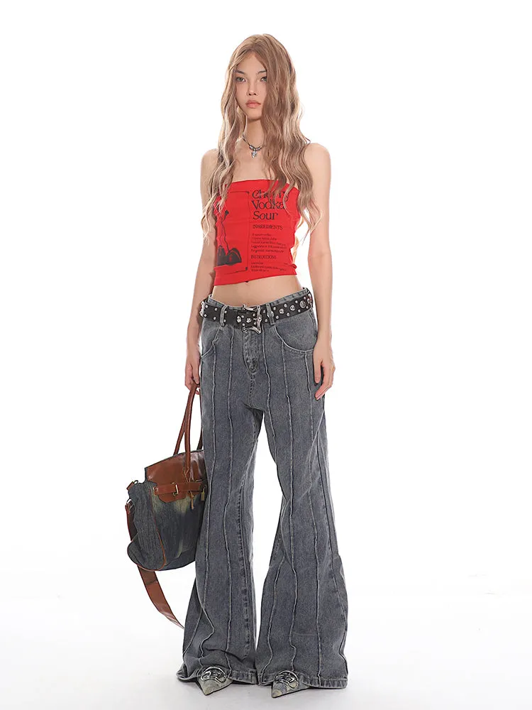 Pleated Exposed Seam Flared Denim Jeans