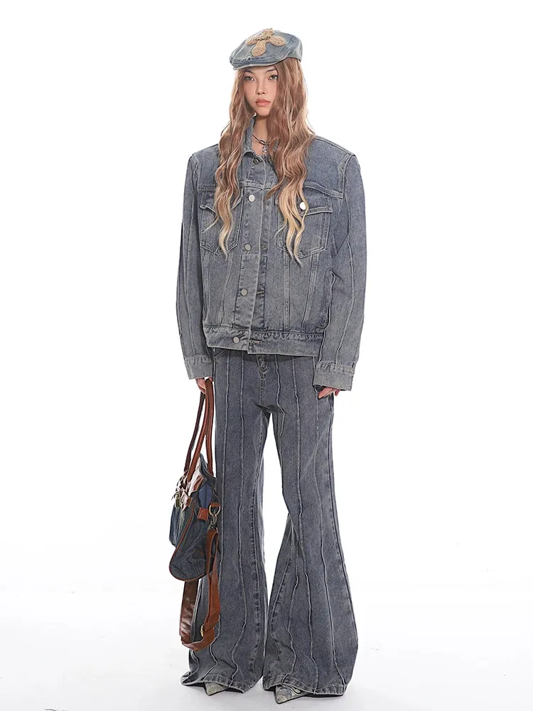 Pleated Exposed Seam Flared Denim Jeans