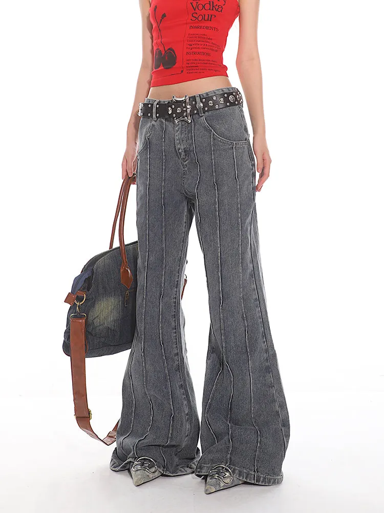 Pleated Exposed Seam Flared Denim Jeans