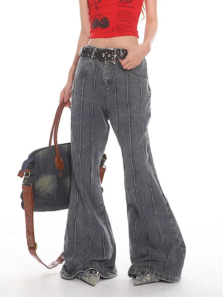 Pleated Exposed Seam Flared Denim Jeans