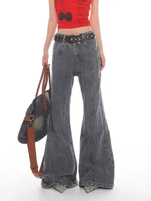 Pleated Exposed Seam Flared Denim Jeans