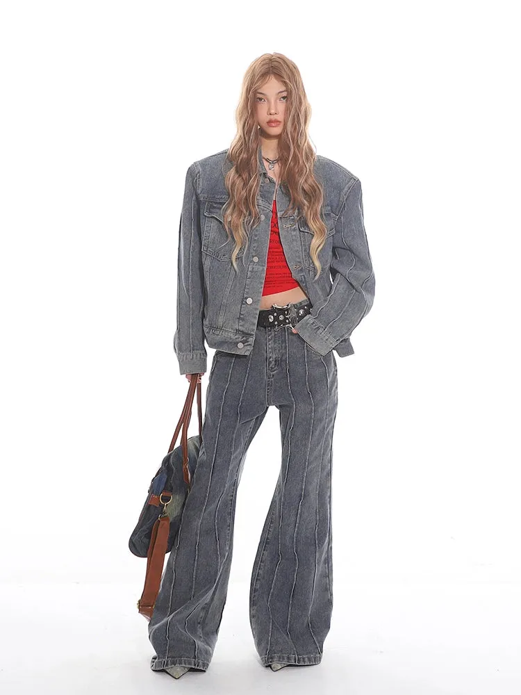 Pleated Exposed Seam Flared Denim Jeans