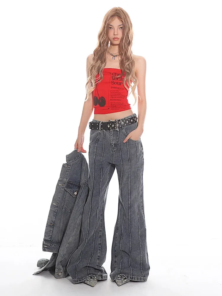 Pleated Exposed Seam Flared Denim Jeans