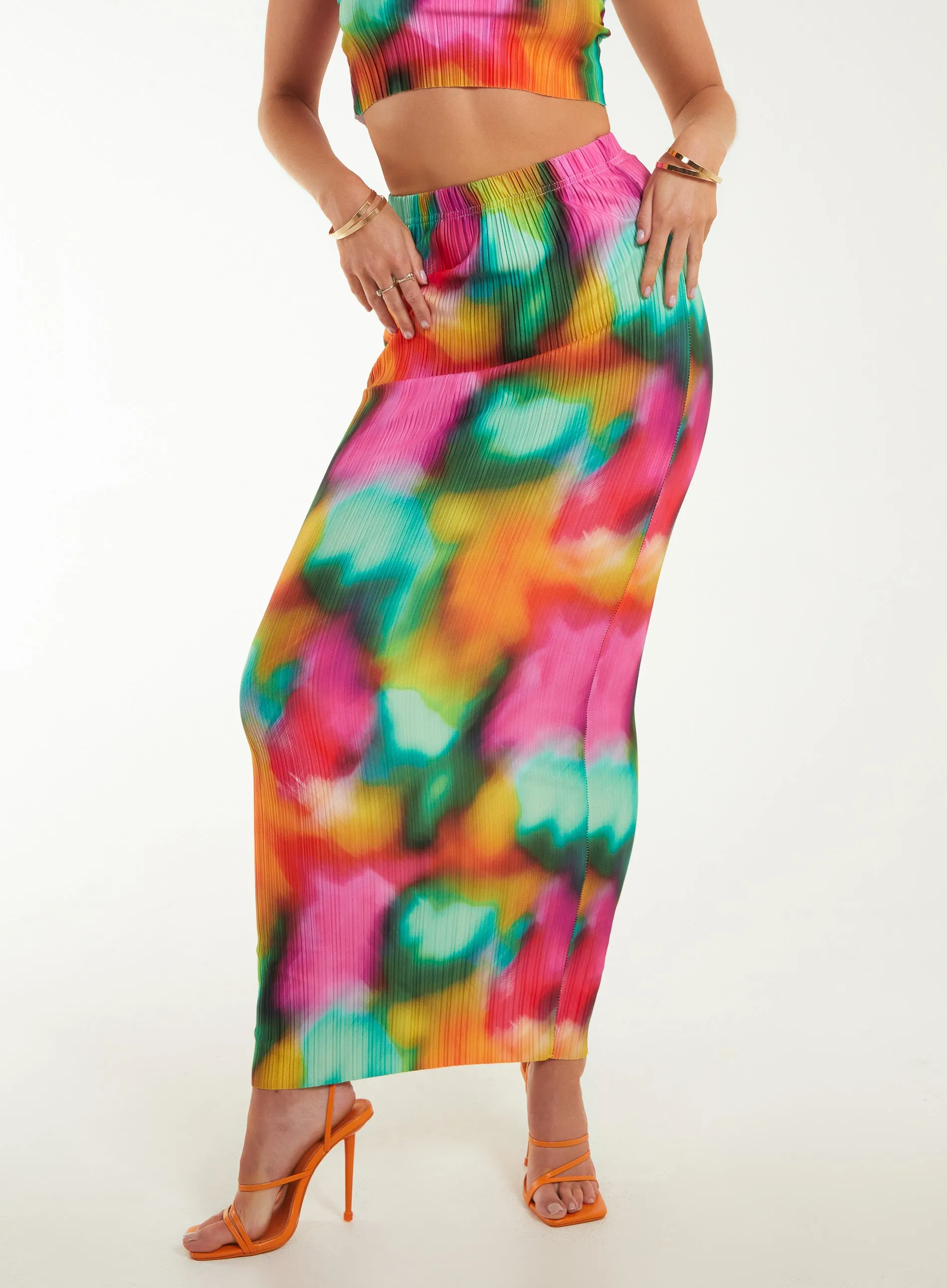 Plisse Graphic Print Maxi Skirt