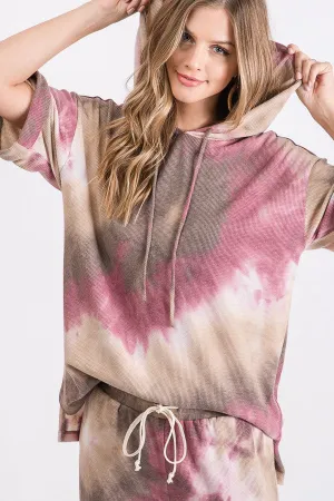 Plum Multi Vintage Tie Dye Loose Fit Hooded Short Sleeve Top 12/2/24 8444