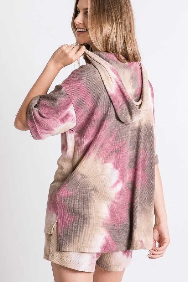 Plum Multi Vintage Tie Dye Loose Fit Hooded Short Sleeve Top 12/2/24 8444