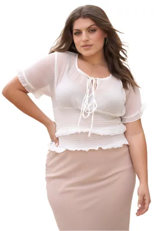 Plus Short Sleeve U-neck with Self-tie Detail Frill Smocked Sheer Top
