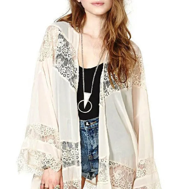 Plus Size 5XL Women 2018 Casual Vintage Boho Kimono Cardigan Lace Crochet Chiffon Loose Blouse Tops Beach Beige Black White