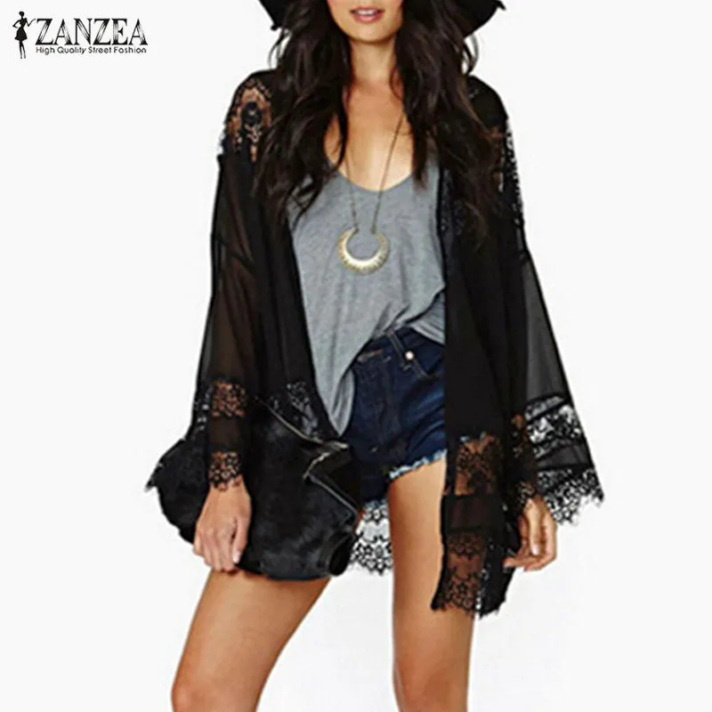 Plus Size 5XL Women 2018 Casual Vintage Boho Kimono Cardigan Lace Crochet Chiffon Loose Blouse Tops Beach Beige Black White