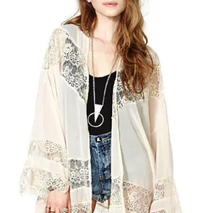 Plus Size 5XL Women 2018 Casual Vintage Boho Kimono Cardigan Lace Crochet Chiffon Loose Blouse Tops Beach Beige Black White