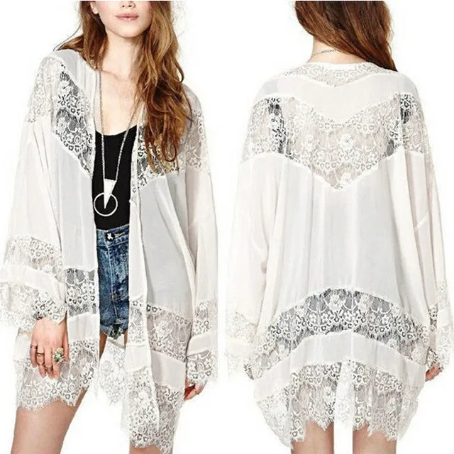 Plus Size 5XL Women 2018 Casual Vintage Boho Kimono Cardigan Lace Crochet Chiffon Loose Blouse Tops Beach Beige Black White
