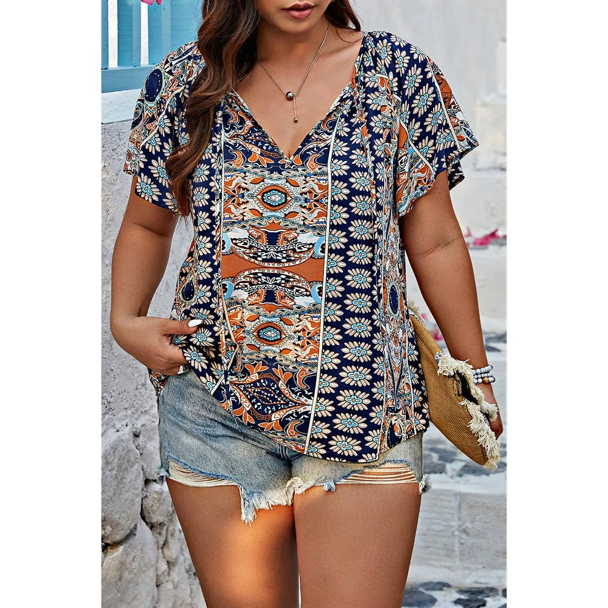 Plus Size Allover Print Boheme Loose Fit Top