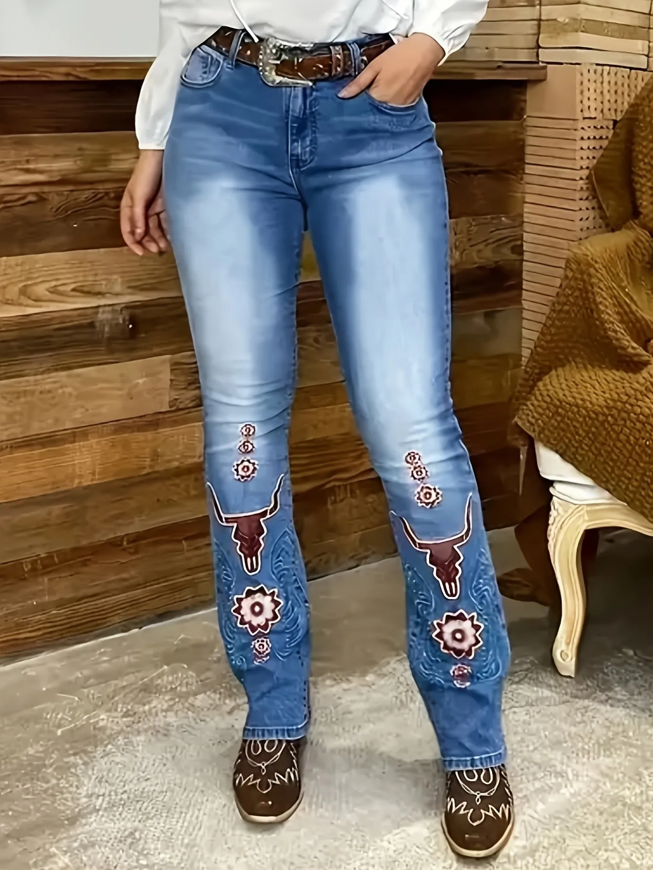 Plus Size Boho Flare Leg Jeans for Women – Medium Stretch Rayon Blend with Button Fly
