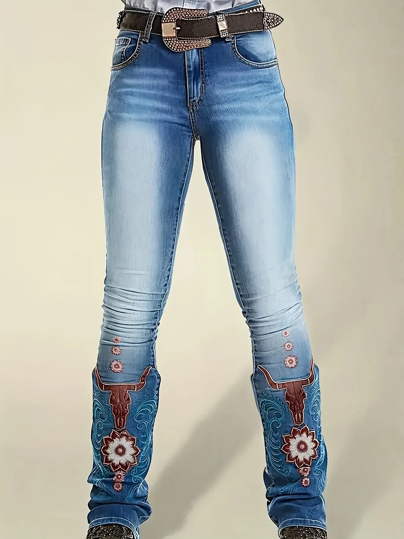 Plus Size Boho Flare Leg Jeans for Women – Medium Stretch Rayon Blend with Button Fly