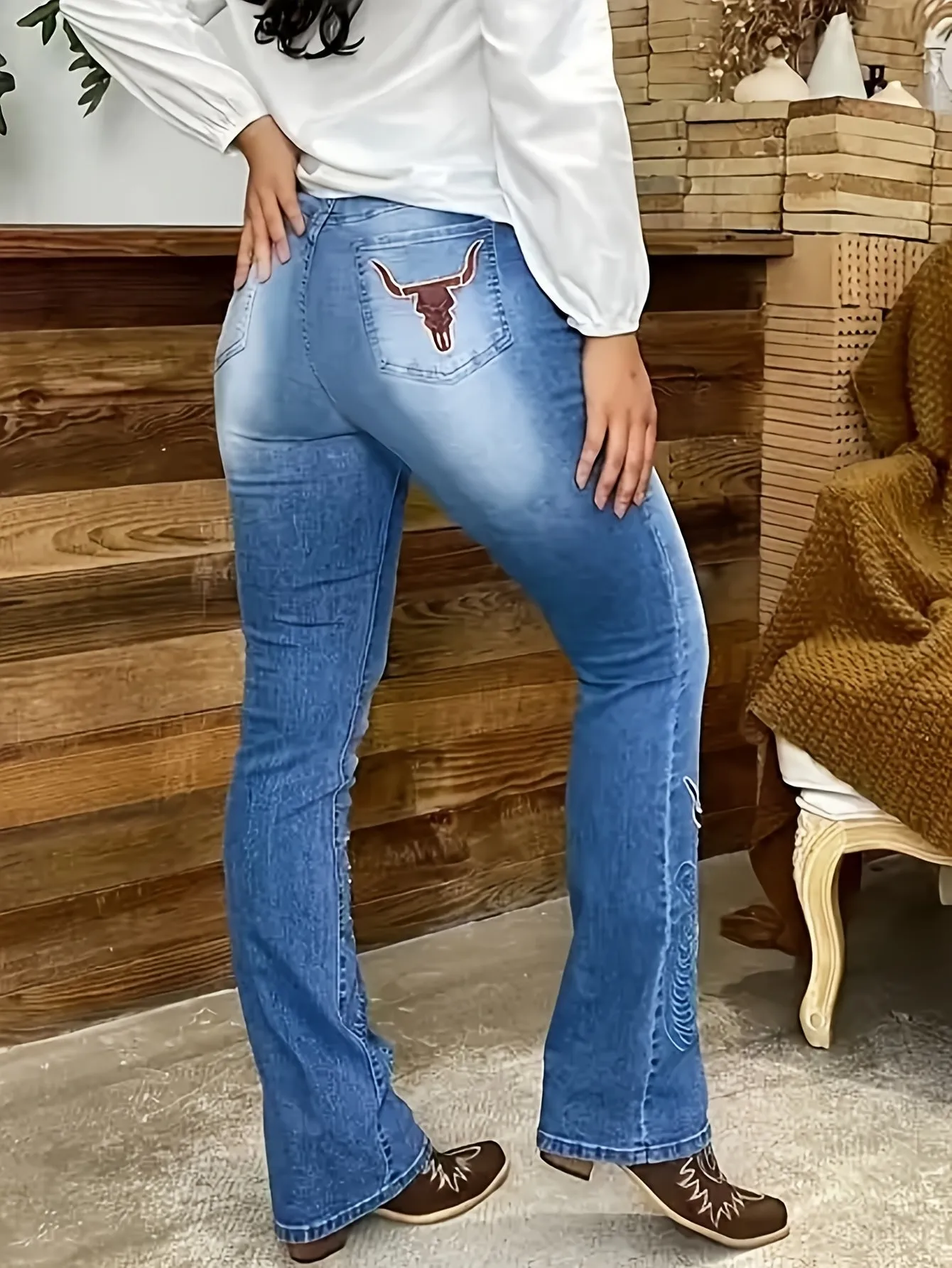 Plus Size Boho Flare Leg Jeans for Women – Medium Stretch Rayon Blend with Button Fly