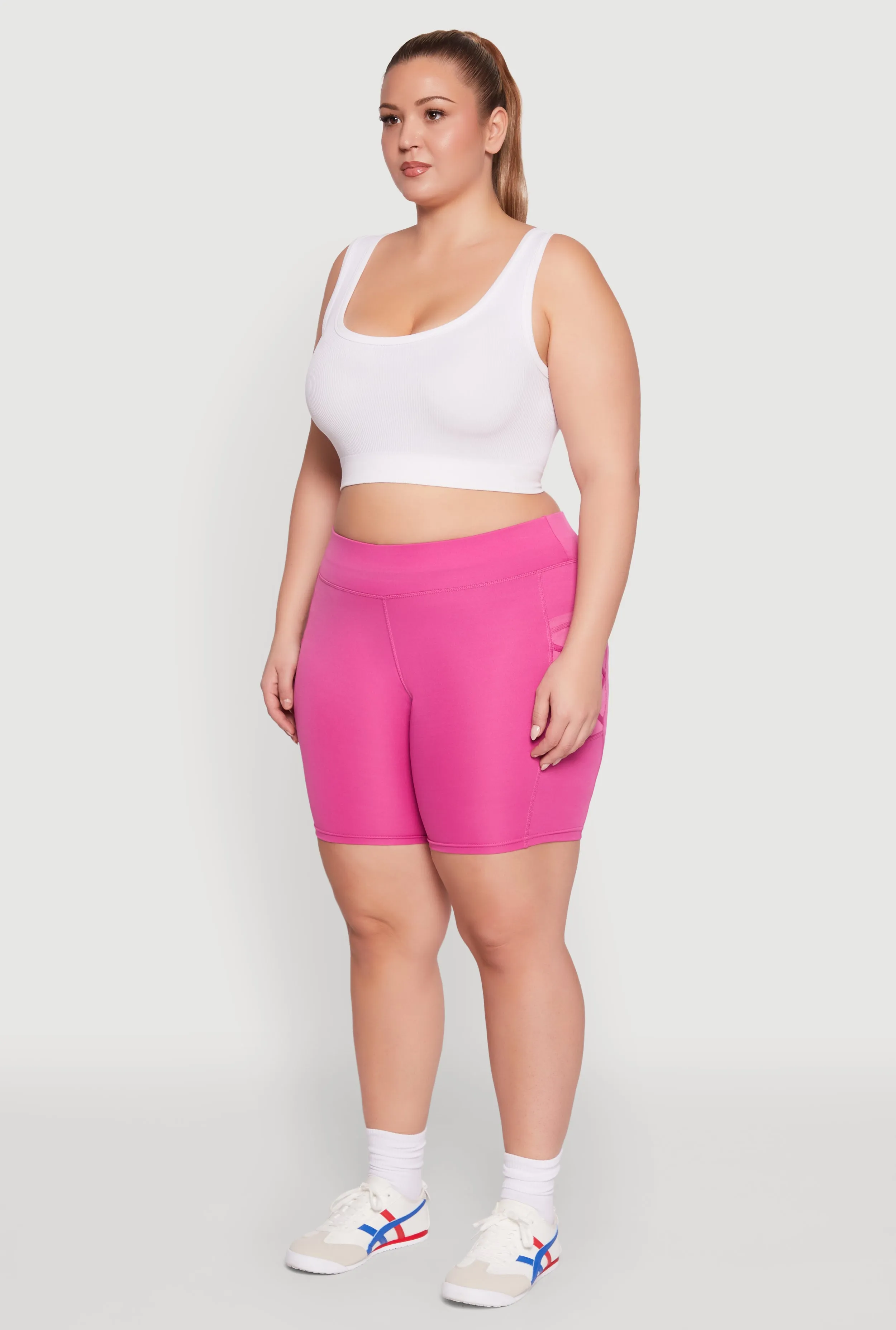 Plus Size Caged Mesh Cell Phone Pocket Biker Shorts
