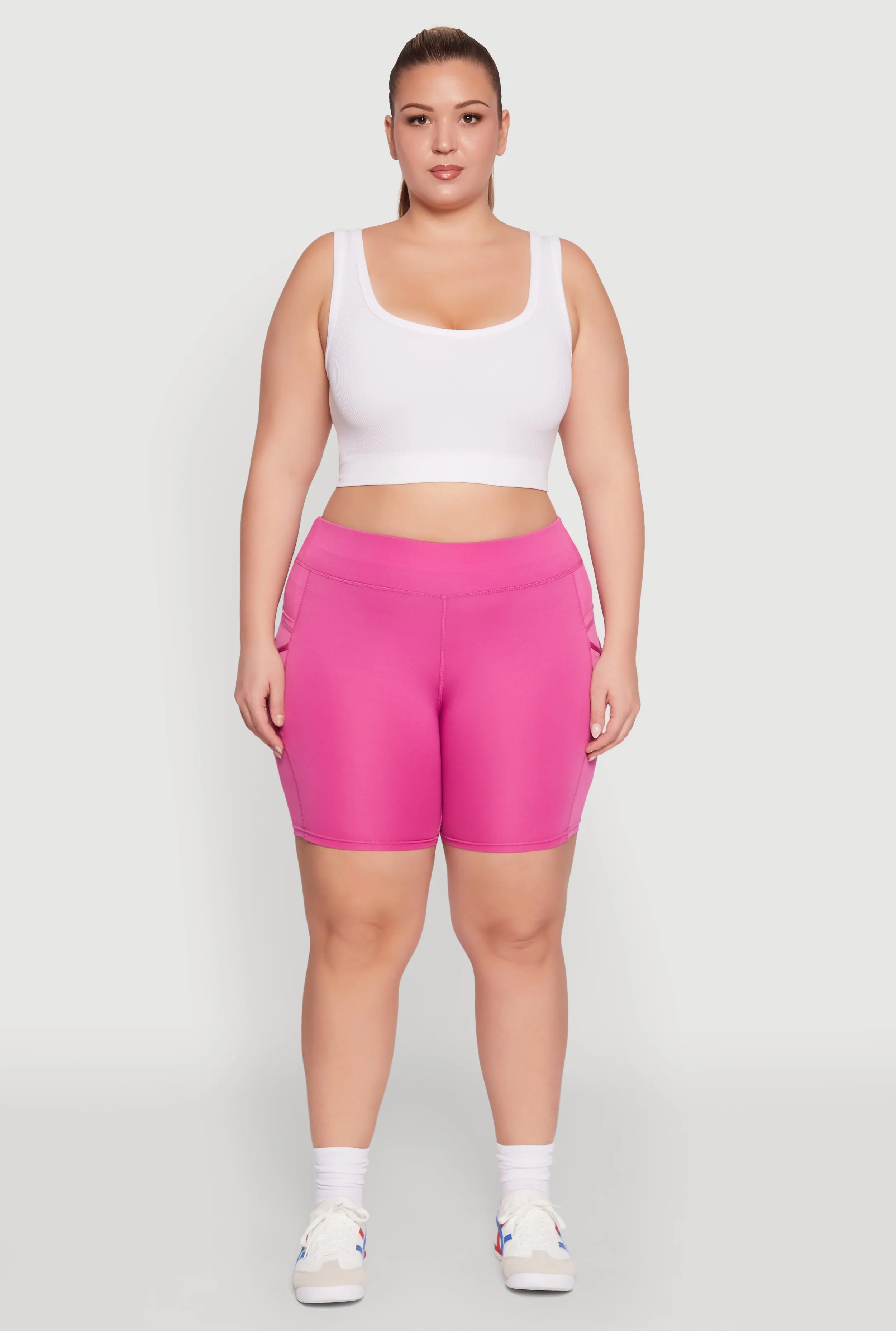 Plus Size Caged Mesh Cell Phone Pocket Biker Shorts