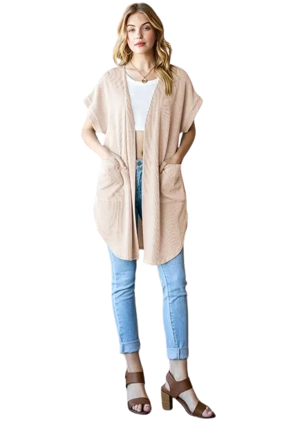 Plus Size Dolman Short Sleeve with Band Solid Urban Ribbed Open Cardigan Oatmeal - Pack of 6