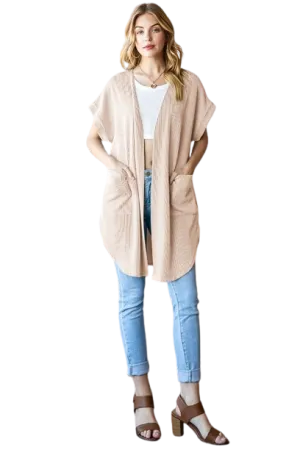 Plus Size Dolman Short Sleeve with Band Solid Urban Ribbed Open Cardigan Oatmeal - Pack of 6