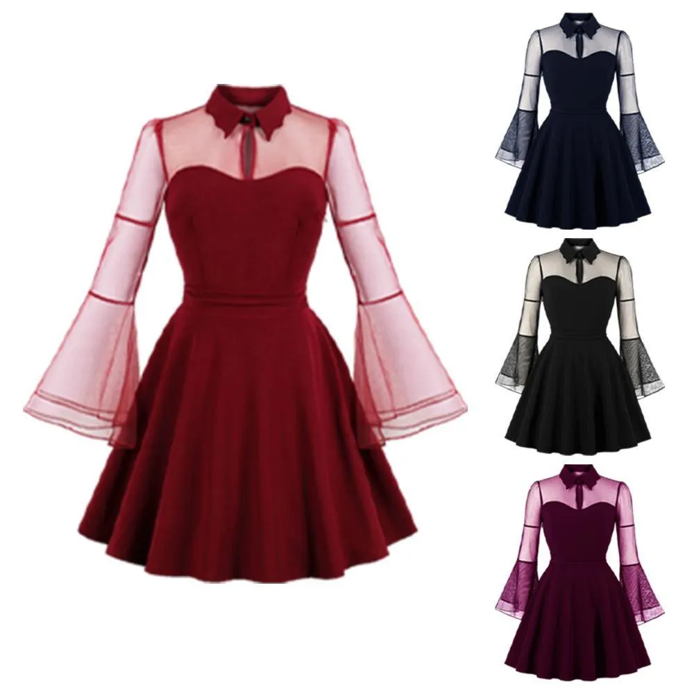 Plus Sizes Net Bell Sleeves Vintage  Mini Dresses