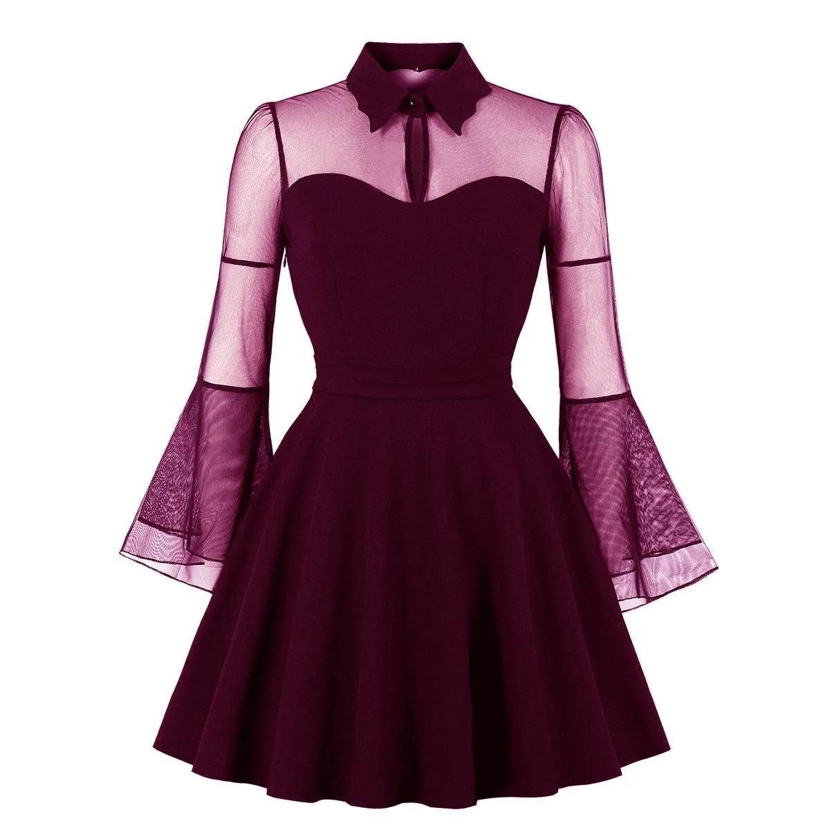 Plus Sizes Net Bell Sleeves Vintage  Mini Dresses