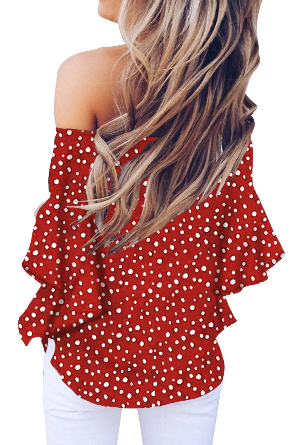 Polka Dot 3/4 Bell Sleeve Off Shoulder Front Tie Knot Top