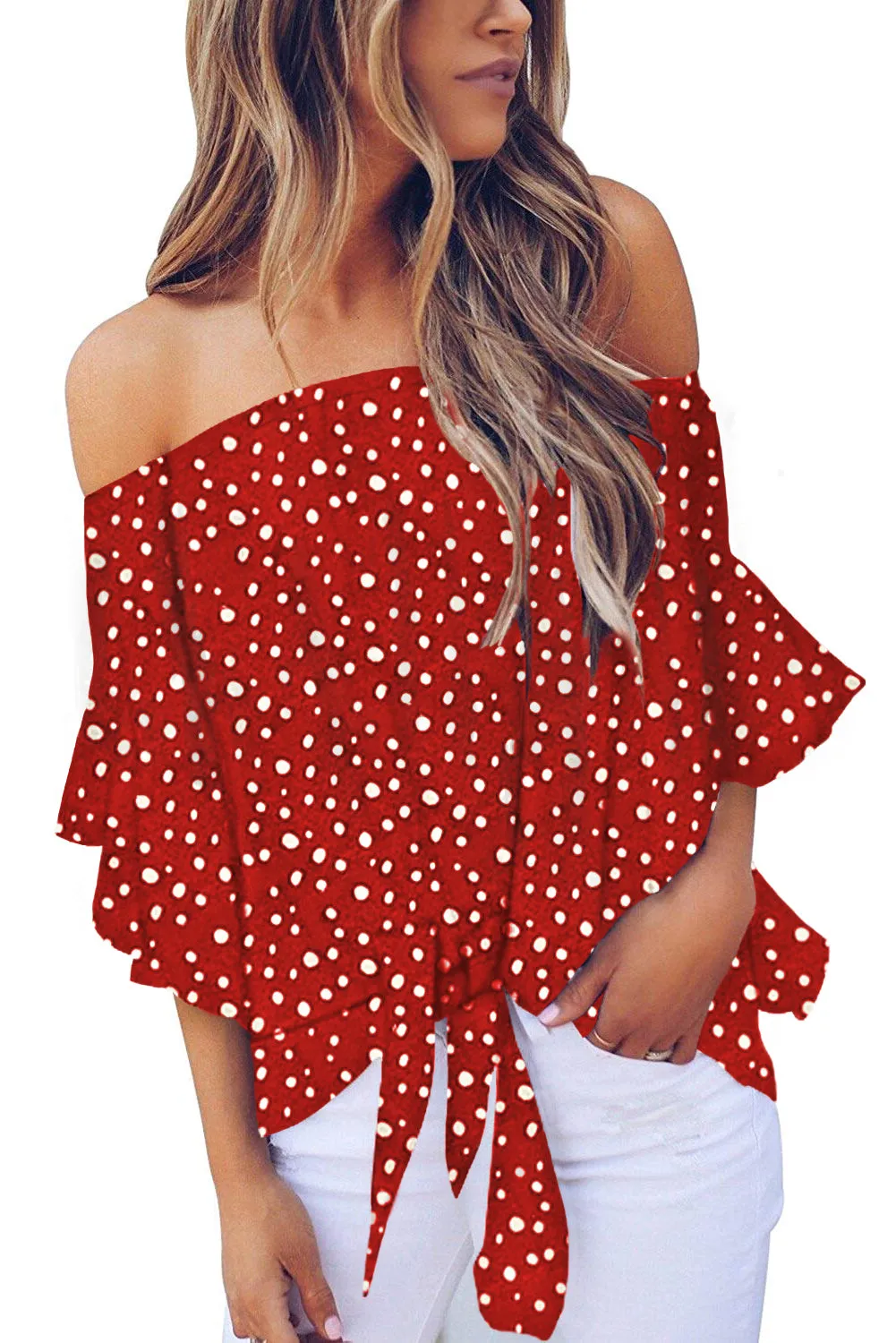 Polka Dot 3/4 Bell Sleeve Off Shoulder Front Tie Knot Top