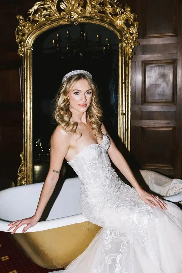 Polka Dots Tulle Strapless Mermaid Sweetheart Lace Wedding Dresses, SW702