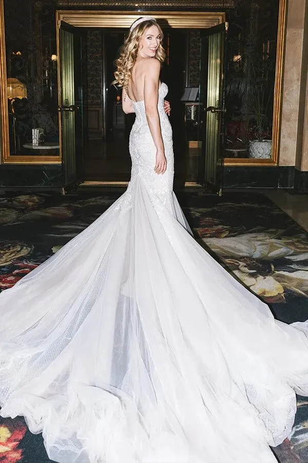 Polka Dots Tulle Strapless Mermaid Sweetheart Lace Wedding Dresses, SW702