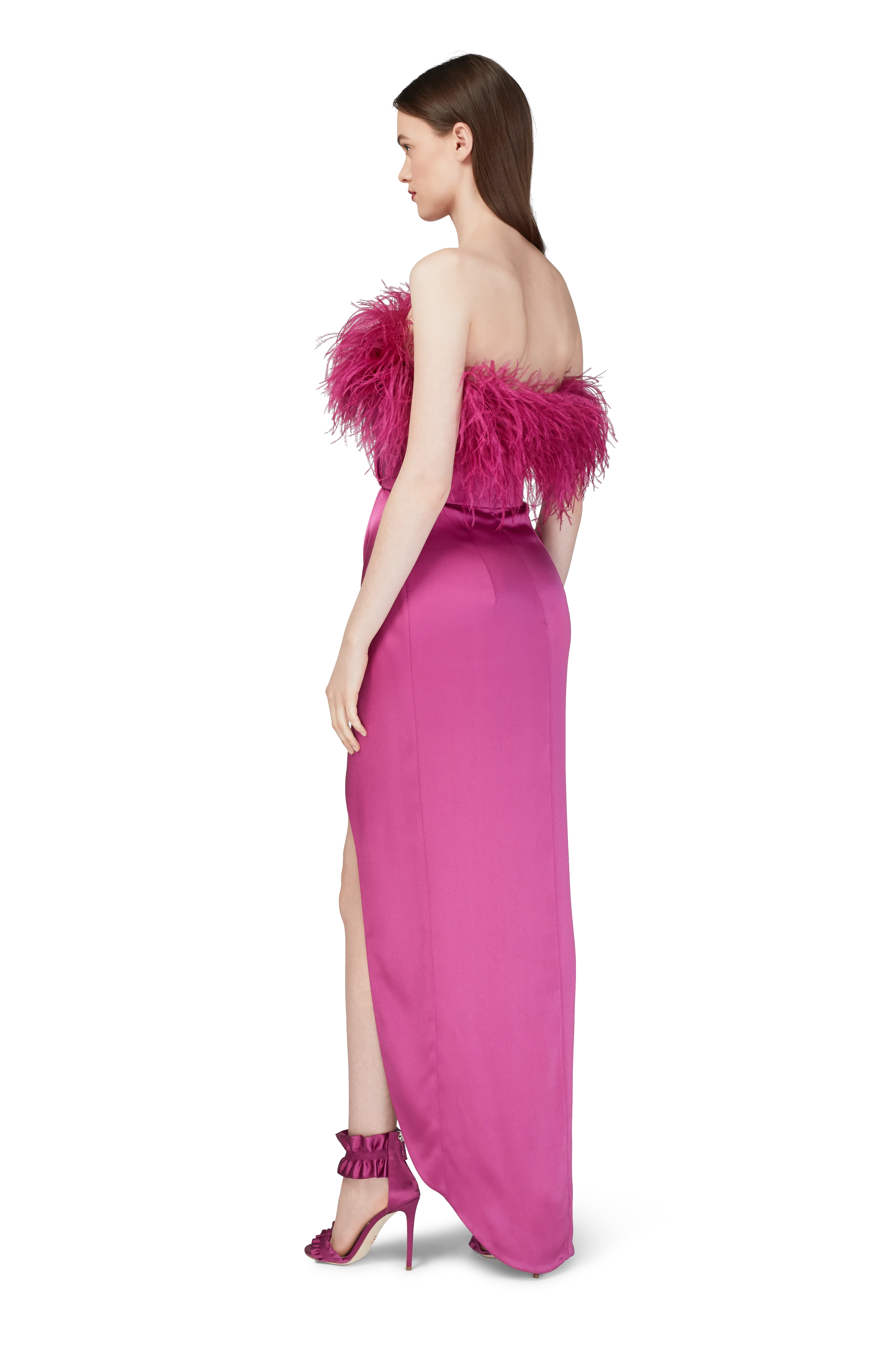 Pomegranate Double Silk Satin Feather Draped Dress