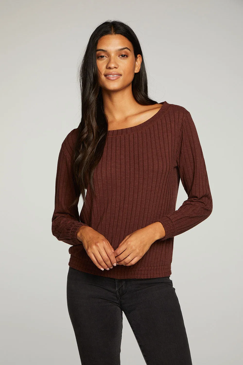Poor Boy Rib Open Neck Pullover With Shirring
