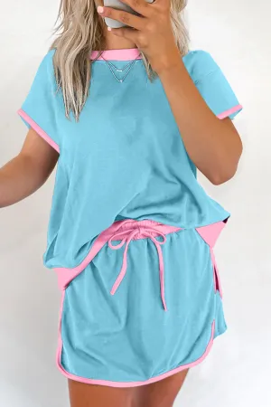 PREORDER! ETA 4/4 Resort Ready Turquoise Colorblock Tee and Drawstring Skirt Set **SHIPPING EXPECTED TO BEGIN ON DATE 4/4**