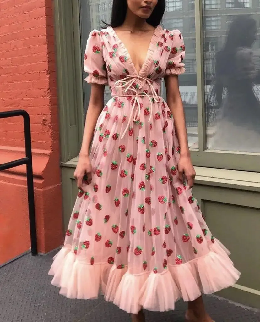 Princess Strawberry Sequin Mesh Embroidery Lace-Up Puff Sleeve V-Neck Elastic Waist Fairy Summer Chic Dress