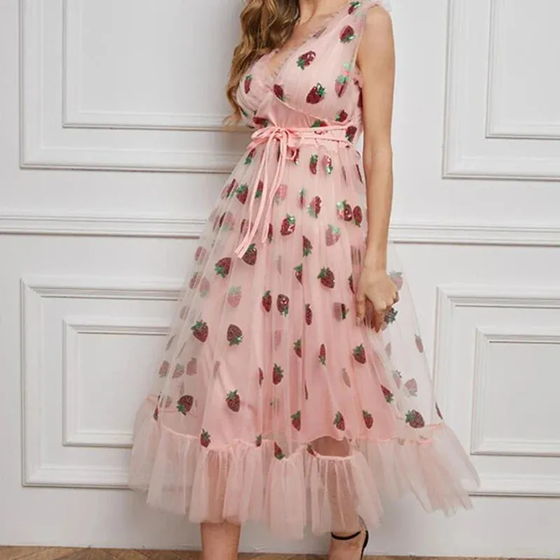Princess Strawberry Sequin Mesh Embroidery Lace-Up Puff Sleeve V-Neck Elastic Waist Fairy Summer Chic Dress