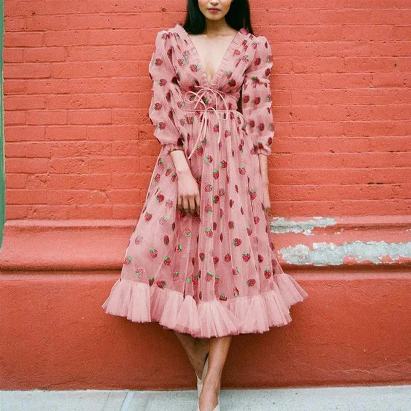 Princess Strawberry Sequin Mesh Embroidery Lace-Up Puff Sleeve V-Neck Elastic Waist Fairy Summer Chic Dress