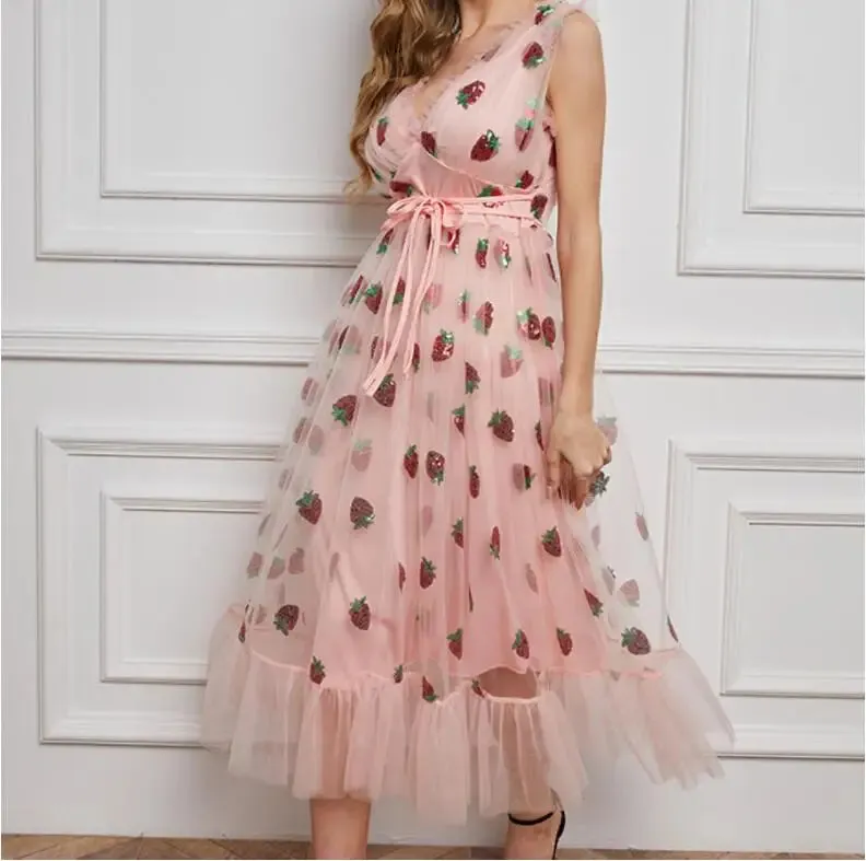 Princess Strawberry Sequin Mesh Embroidery Lace-Up Puff Sleeve V-Neck Elastic Waist Fairy Summer Chic Dress