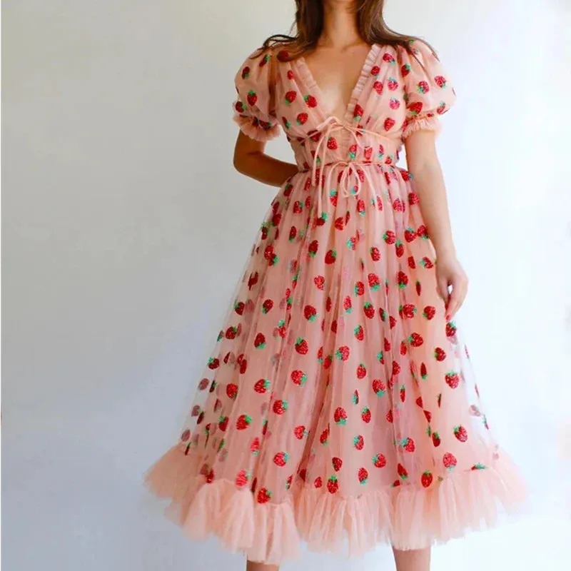 Princess Strawberry Sequin Mesh Embroidery Lace-Up Puff Sleeve V-Neck Elastic Waist Fairy Summer Chic Dress